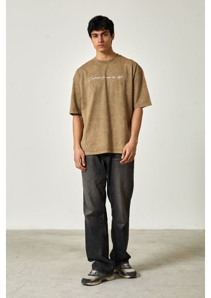 Yıkamalı Oversize Baskılı Kısa Kol Erkek T-Shirt L - Bej
