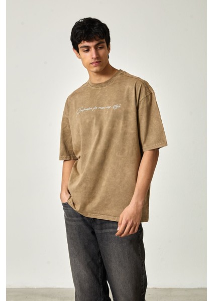 Yıkamalı Oversize Baskılı Kısa Kol Erkek T-Shirt L - Bej modelleri