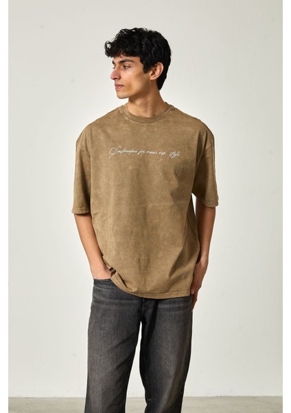 Yıkamalı Oversize Baskılı Kısa Kol Erkek T-Shirt L - Bej fırsatları