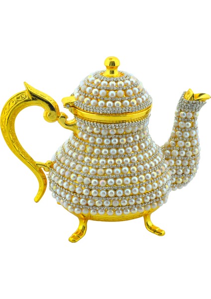 Dekoratif Inci ve Parlak Taşlı Altın Renk Demlik (18CMX22CM)