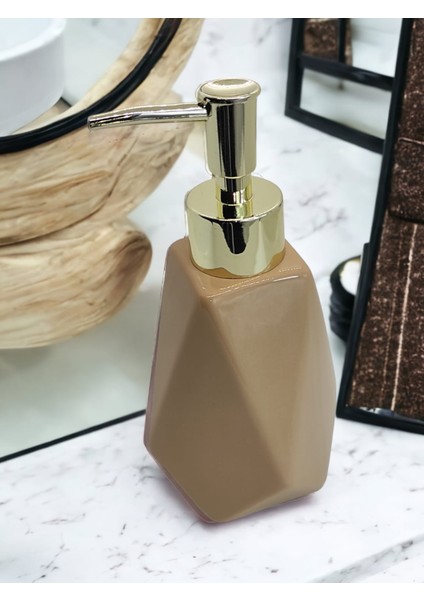 Prizma Lüks Porselen Bej Banyo Mutfak Sıvı Sabunluk Bulaşık Deterjanlık Gold Altın Kapak