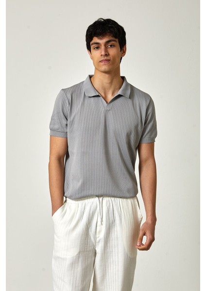 Yakalı Kısa Kol Erkek Triko M - Gri
