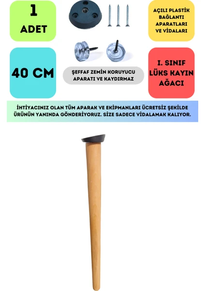 Bahçe Kadın Girişimci Kooperatifi Konik Lüks Ahşap Ayak, Masa Ayağı, Sehpa Ayağı, Açılı Parat ve Vidalar 40 cm