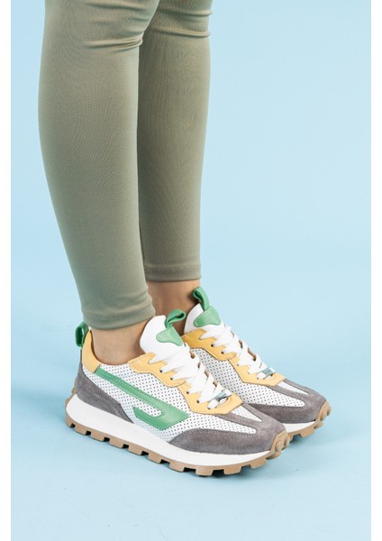 Eleganza Kadın Hakiki Deri Beyaz Gri Spor Ayakkabı