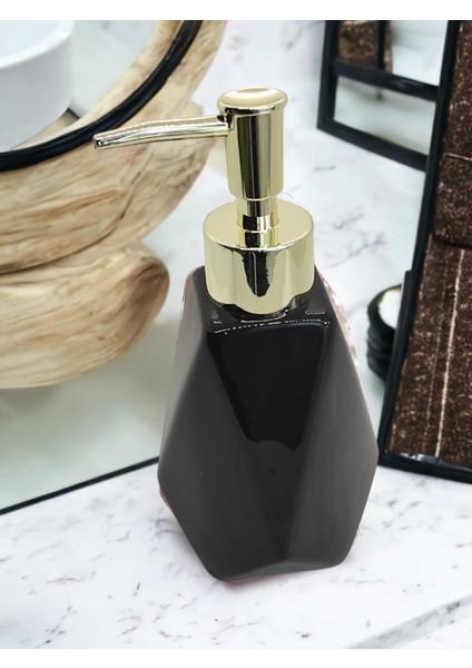 Prizma Lüks Porselen Bej Banyo Mutfak Sıvı Sabunluk Bulaşık Deterjanlık Gold Altın Kapak
