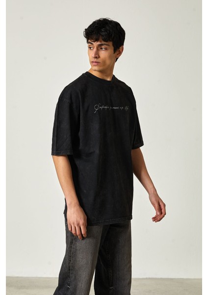 Yıkamalı Oversize Baskılı Kısa Kol Erkek T-Shirt M - Siyah fırsatları
