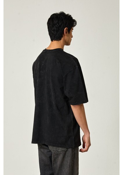 Yıkamalı Oversize Baskılı Kısa Kol Erkek T-Shirt M - Siyah indirimleri