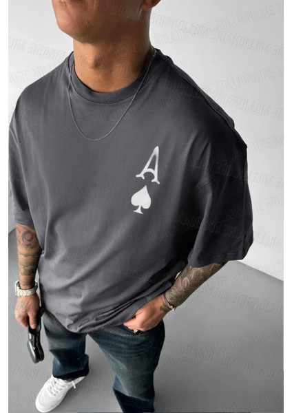 Erkek Maça As Baskılı Füme Oversize T-Shirt fiyatları