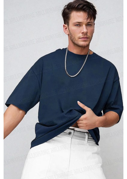 Erkek Lacivert Bisiklet Yaka Düz Basic Baskısız Oversize Salas T-Shirt