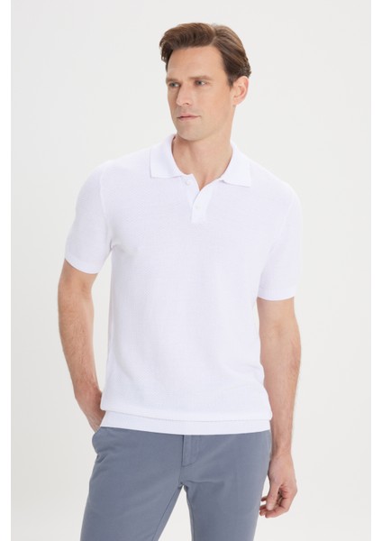 ALTINYILDIZ CLASSICS Erkek Beyaz Standart Fit Normal Kesim %100 Pamuklu Jakarlı Polo Yaka Triko Tişört