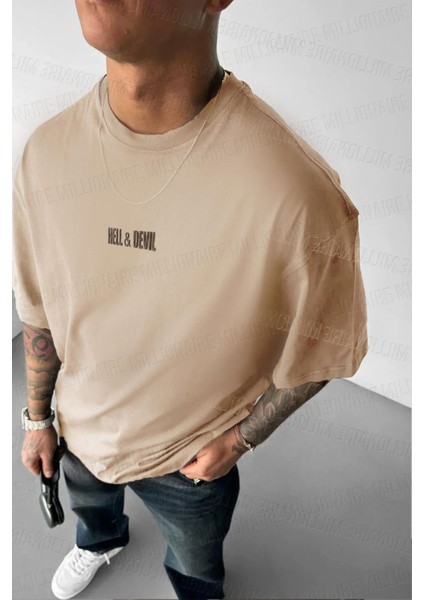 Erkek Hell & Devil Kabaran Baskı Camel Bisiklet Yaka Oversize Salas T-Shirt