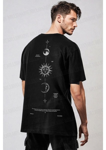 Erkek The Moon Siyah Bisiklet Yaka Oversize Salas T-Shirt