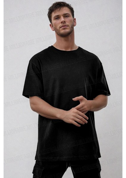 Erkek The Moon Siyah Bisiklet Yaka Oversize Salas T-Shirt