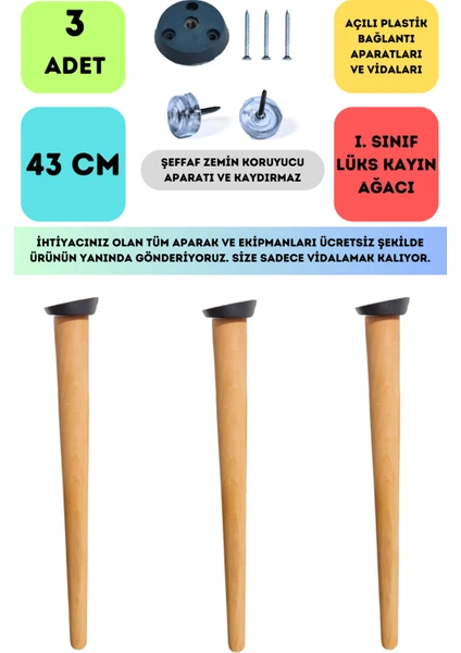 Bahçe Kadın Girişimci Kooperatifi 3'lü Konik Lüks Ahşap Ayak, Masa Ayağı, Sehpa Ayağı, Açılı Parat ve Vidalar 43 cm