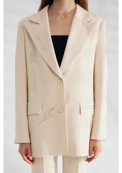 Desenli Taşlı Astarlı Blazer Oversize Kadın Ceket