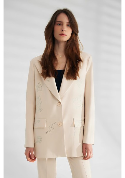 Desenli Taşlı Astarlı Blazer Oversize Kadın Ceket
