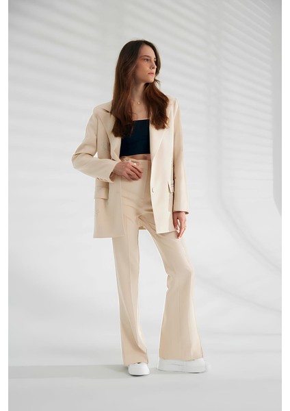Desenli Taşlı Astarlı Blazer Oversize Kadın Ceket