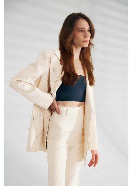 Desenli Taşlı Astarlı Blazer Oversize Kadın Ceket