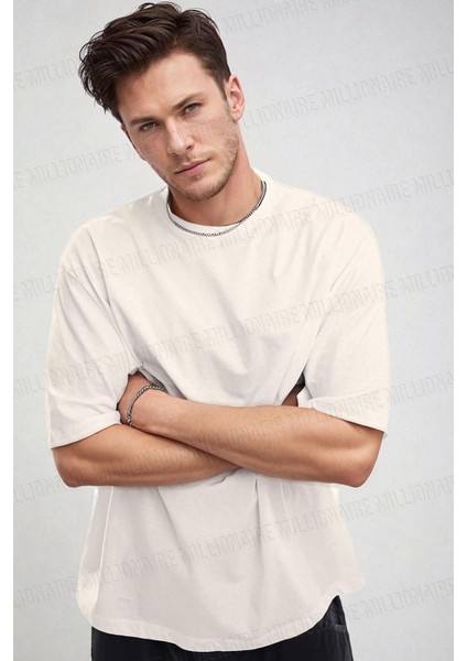 Erkek The Moon Beyaz Bisiklet Yaka Oversize Salas T-Shirt modelleri