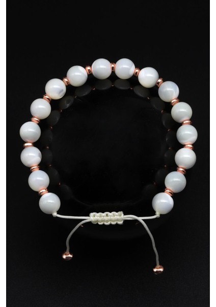 Sedef - Hematit Doğal Taş Makrome Örme Bileklik Küre Kesim