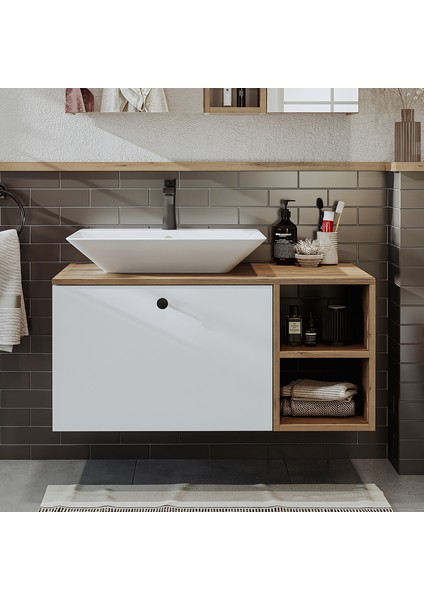 Ayaksız Lavabolu Mdf 95 cm Çekmeceli Banyo Dolabı