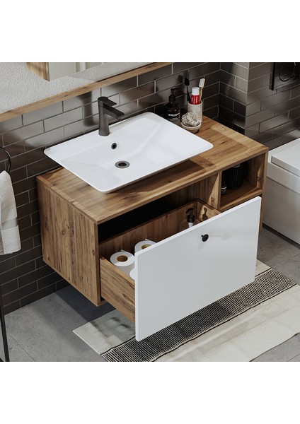 Ayaksız Lavabolu Mdf 95 cm Çekmeceli Banyo Dolabı