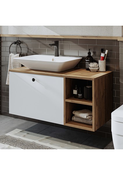 Ayaksız Lavabolu Mdf 95 cm Çekmeceli Banyo Dolabı