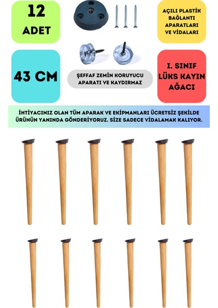 Bahçe Kadın Girişimci Kooperatifi 12'li Konik Lüks Ahşap Ayak, Masa Ayağı, Sehpa Ayağı, Açılı Parat ve Vidalar 43 cm