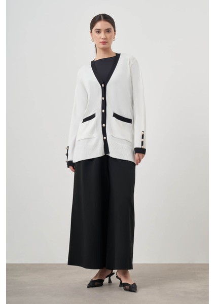 Şeritli Rayon Ekru Hırka