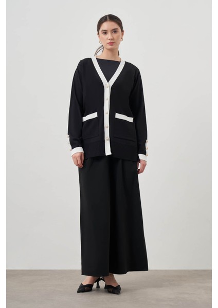 Şeritli Rayon Siyah Hırka