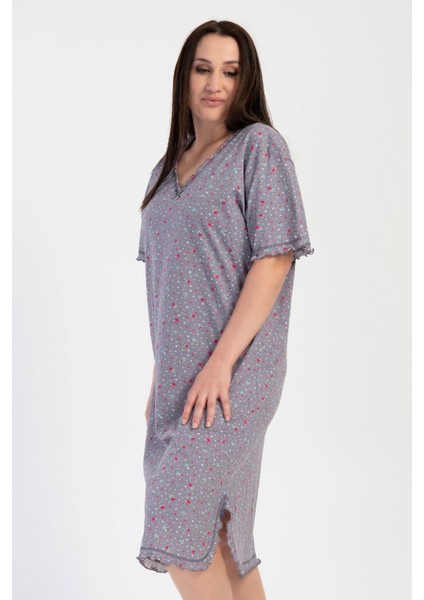 Pamuklu Kadın Büyük Beden V Yaka Kısa Kol Gecelik , 311096