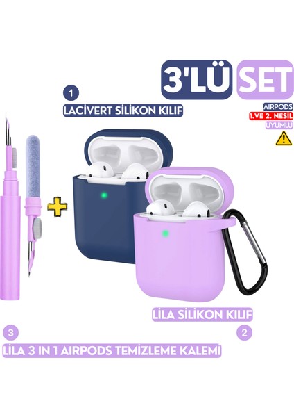 3'lü Set 1. ve 2. Nesil Uyumlu Lacivert ve Lila Silikon Kılıf, Lila 3 in 1 Kulaklık Temizleme Kalemi