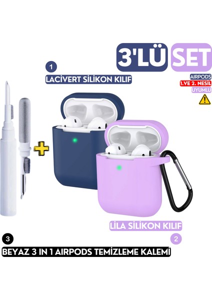 3'lü Set 1. ve 2.Nesil Uyumlu Lacivert ve Lila Silikon Kılıf, Beyaz 3 in 1 Kulaklık Temizleme Kalemi