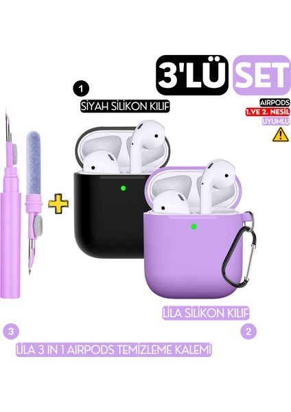 3'lü Set 1. ve 2. Nesil Uyumlu Siyah ve Lila Silikon Kılıf, Lila 3 in 1 Kulaklık Temizleme Kalemi