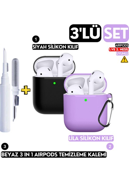 3'lü Set - 1. ve 2.nesil Uyumlu Ikili Silikon Kılıf ve Beyaz 3 In 1 Kulaklık Temizleme Kalemi Seti