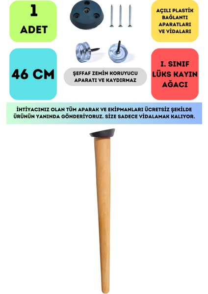 Bahçe Kadın Girişimci Kooperatifi Konik Lüks Ahşap Ayak, Masa Ayağı, Sehpa Ayağı, Açılı Parat ve Vidalar 46 cm