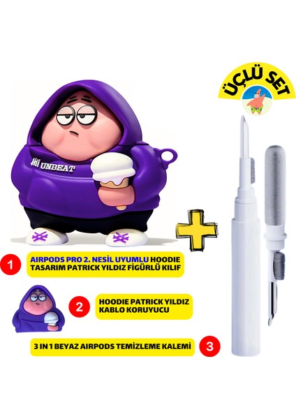 Pro 2. Nesil Uyumlu Hoodie Patrick Yıldız Kılıf, Kablo Koruyucu Ve Beyaz Kulaklık Temizleme Kalemi
