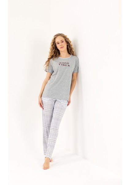 Gri Yuvarlak Yaka Viskon Kadın Pijama Takımı