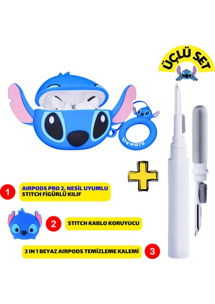 Pro 2. Nesil Uyumlu Stitch Figürlü Kılıf, Kablo Koruyucu ve Mavi 3 in 1 Kulaklık Temizleme Kalemi