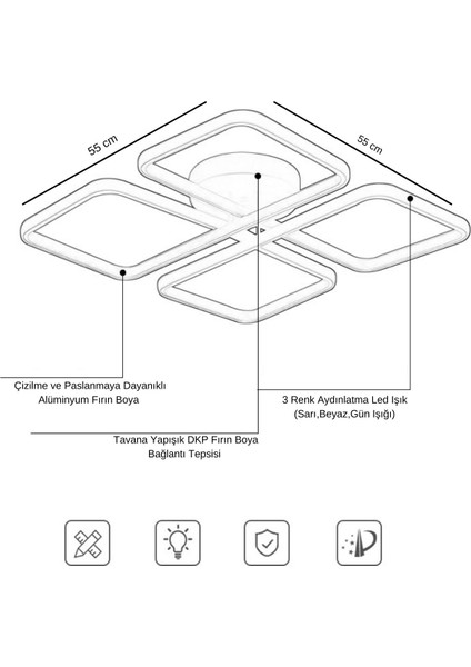 Ledli 4 Parça Model Kumandalı LED Tavan Avizesi, 3 Renk Aydınlatmalı, Plafonyer,modern,spor, Salon