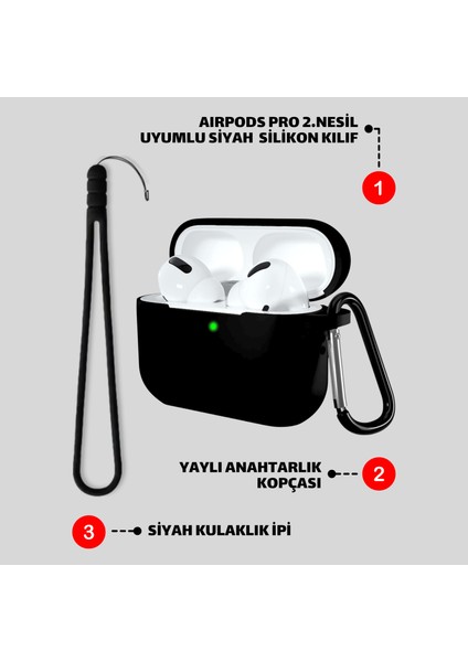 2'li Set - Pro 2. Nesil Uyumlu Siyah Silikon Kulaklık Kılıfı ve Kulaklık Ipi Ikili Seti