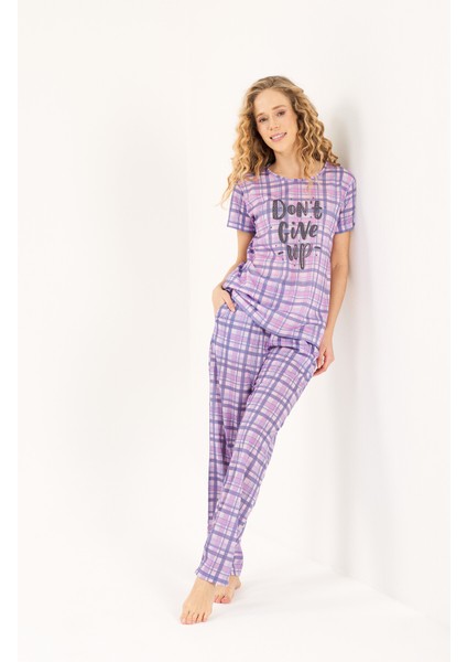 Yuvarlak Yaka Çizgili Pamuk Kadın 2'Li Pijama Takımı