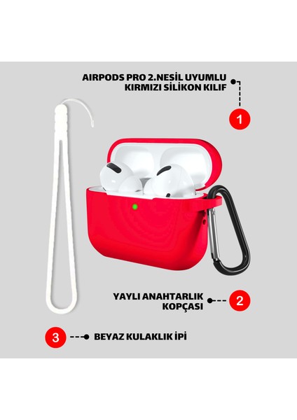 2'li Set - Pro 2. Nesil Uyumlu Kırmızı Silikon Kulaklık Kılıfı ve Kulaklık Ipi Ikili Seti