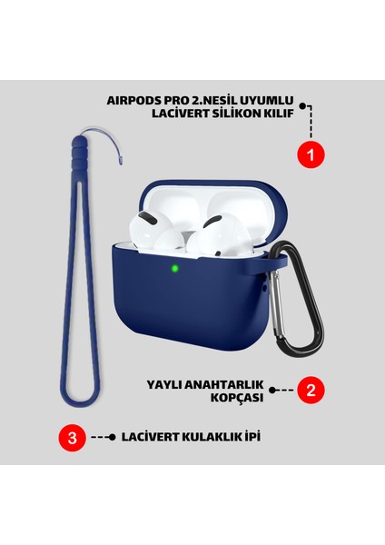 2'li Set - Pro 2. Nesil Uyumlu Lacivert Silikon Kulaklık Kılıfı ve Kulaklık Ipi Ikili Seti
