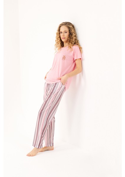 Somon Çizgili Viskon Kadın Pijama Takımı