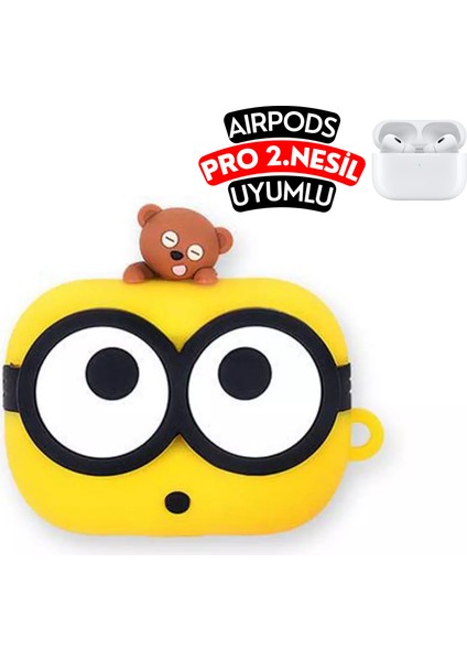 Pro 2.nesil Uyumlu Ayıcıklı Iki Gözlü Minyon Figürlü Koruyucu ve Darbe Emici Silikon Kulaklık Kılıfı