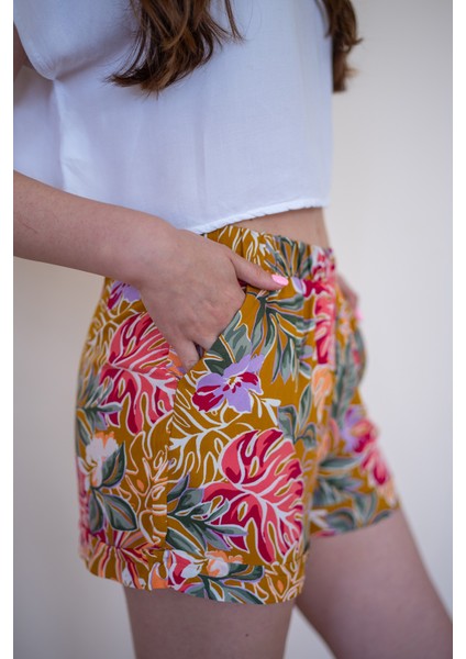 Desenli Bohem Kadın Şort Hardal indirimleri