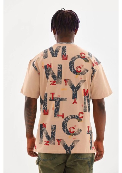 Unisex Baskılı Oversize T-Shirt - Bej fiyatları
