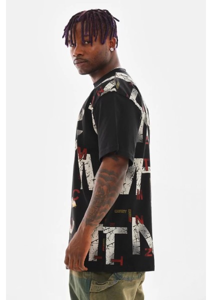 Unisex Baskılı Oversize T-Shirt - Siyah indirimleri