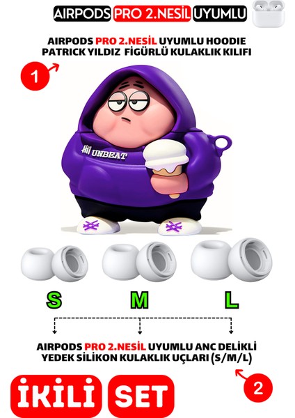 Pro 2.Nesil Uyumlu Hoodie Patrick Yıldız Kılıf ve Anc Delikli Yedek Silikon Kulaklık Uçları (S,M,L)